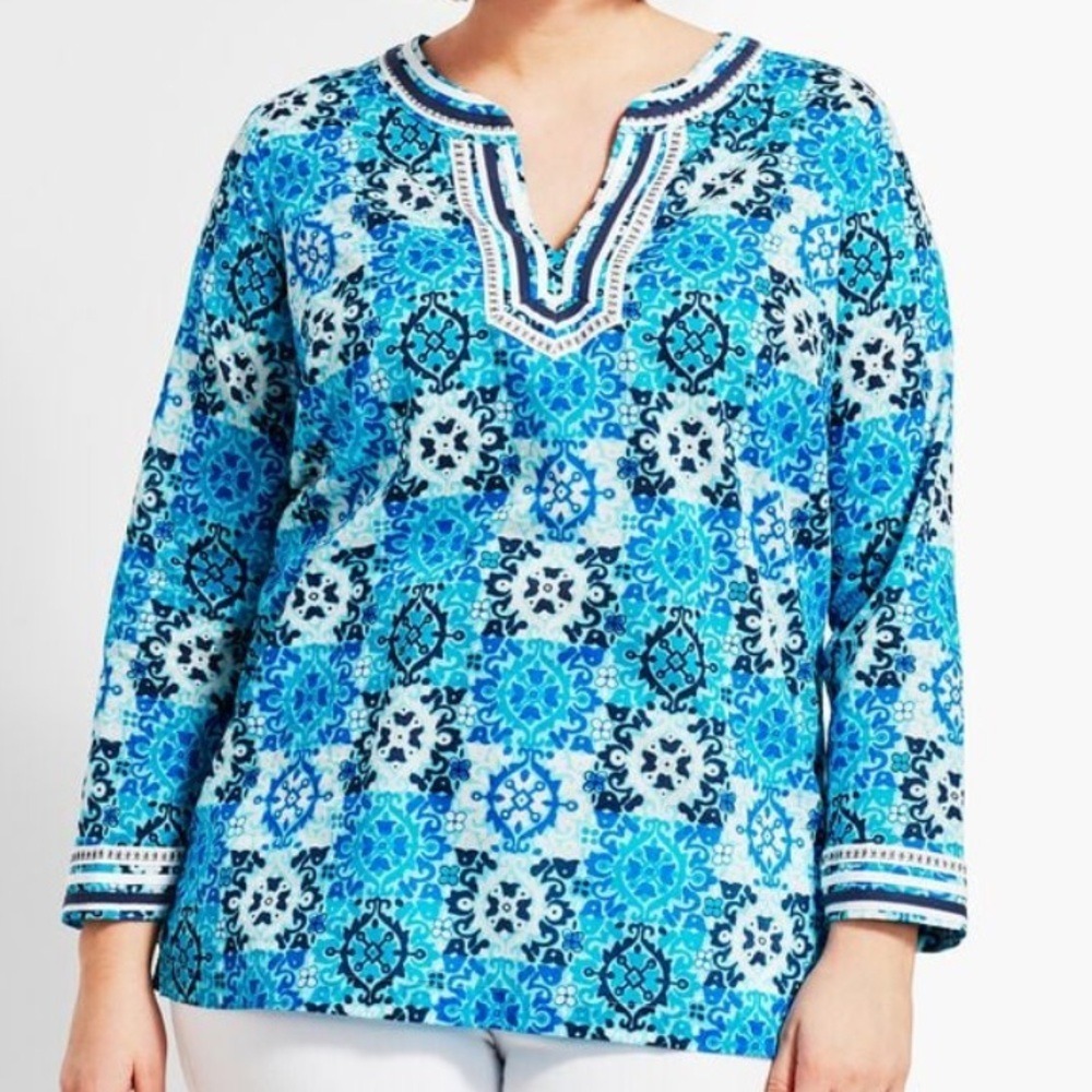 🆕 TALBOTS Blue Medallion Print Notch-Neck Long Sleeve Boho Tunic Top SZ 3XP